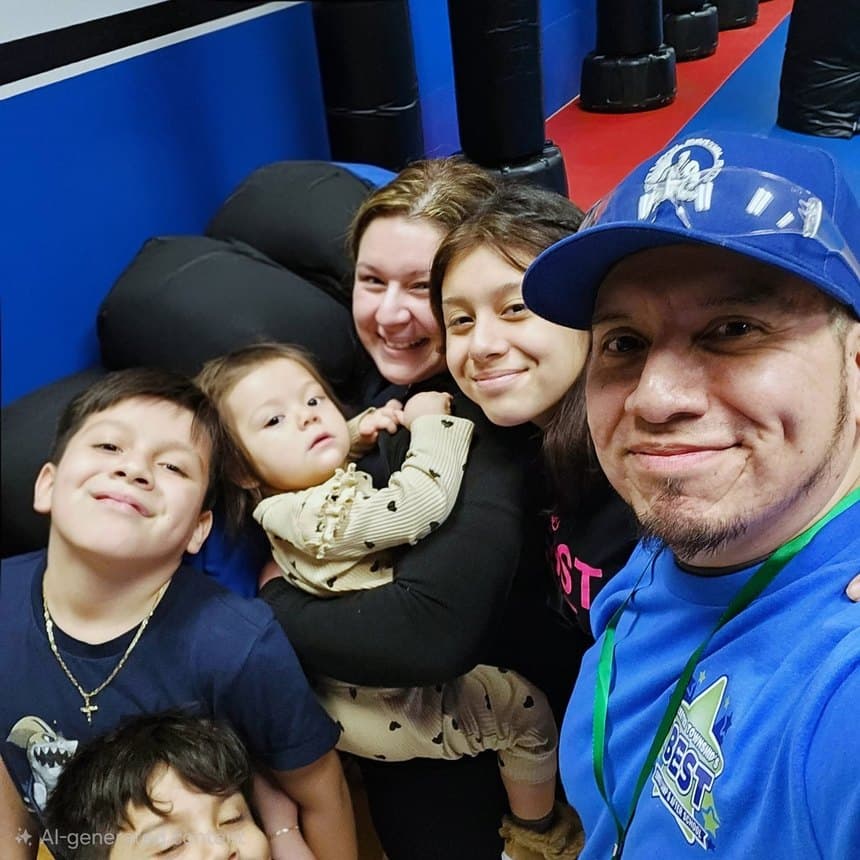 Coach Charles Chauca with his family at Next Level Martial Arts in Exeter Township, Reading PA